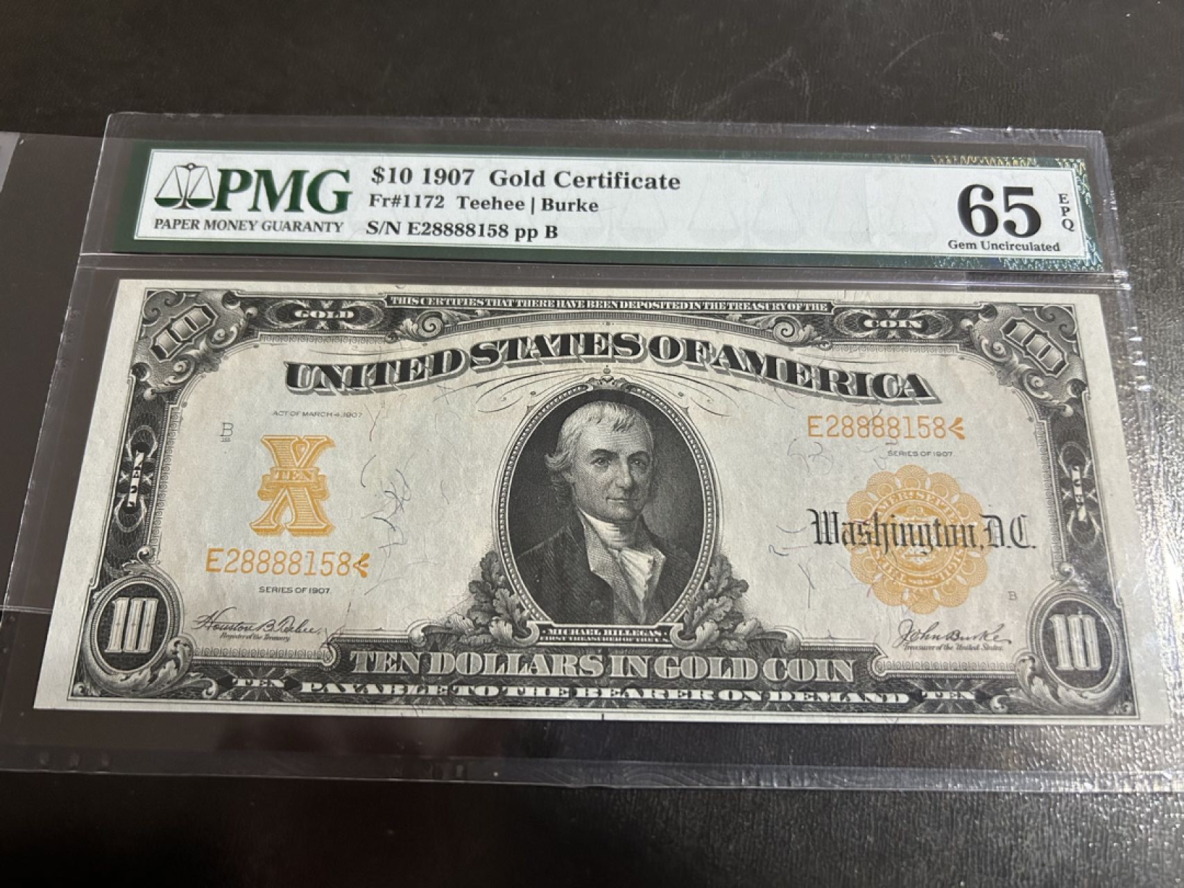 收藏联盟Quantum Auction 第224期拍卖 美国1907年10美元金币券 PMG65 号码无47且自带狮子号8888 全程无347尾8 美国白钞名誉钞
