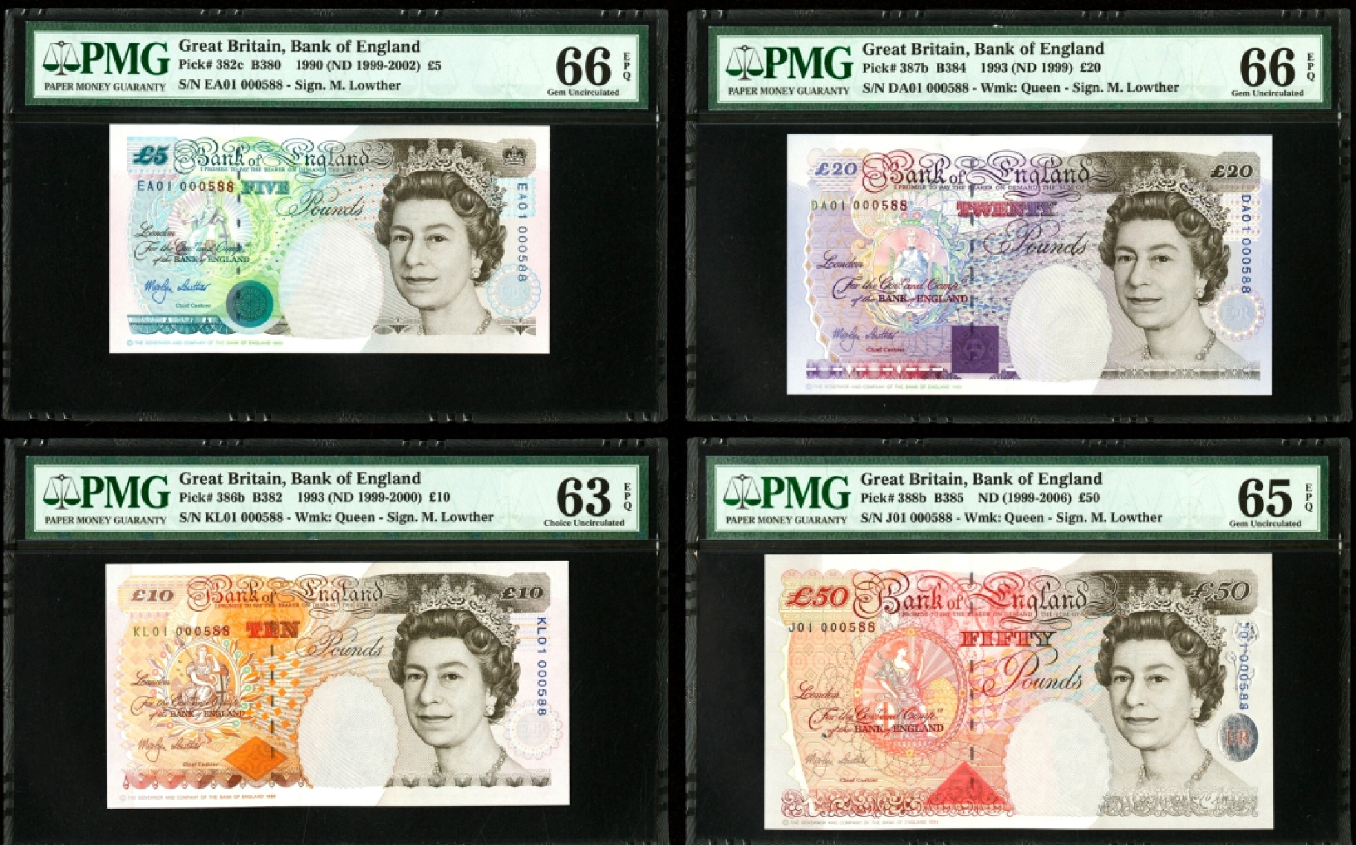 【Blue Auction】✨世界纸币精拍第280期——喜迎新春特别场【精】 【01冠 588全同小号】英国 1990-2006年5-10-20-50镑 PMG63EPQ-66EPQ 全新原票 精美 