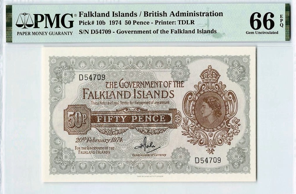【Blue Auction】✨世界纸币精拍第280期——喜迎新春特别场【精】 福克兰群岛 1974年50便士 PMG66EPQ 女王纸币 满版水印 