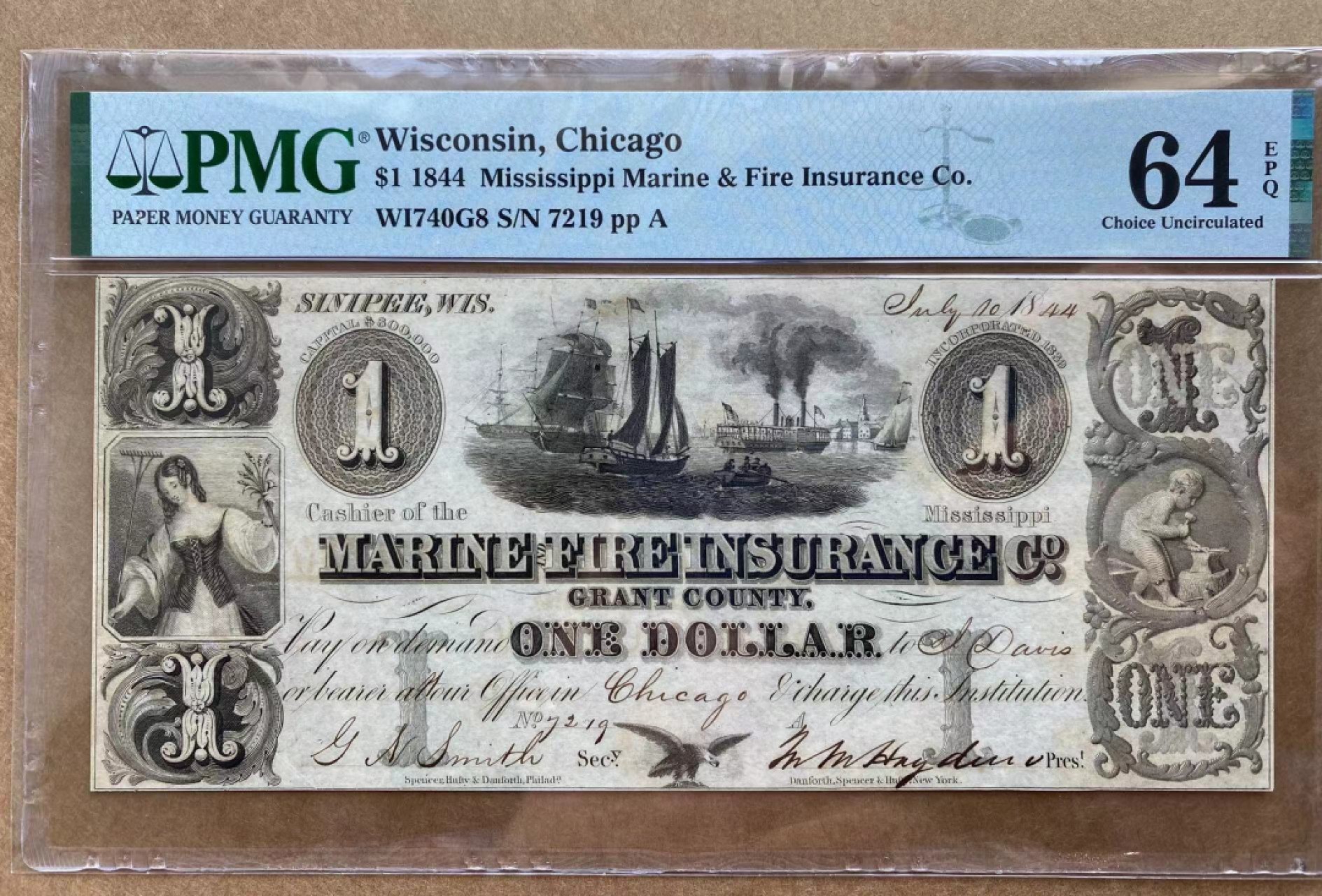 【Blue Auction】✨世界纸币精拍第280期——喜迎新春特别场【精】 【仅2张更高分 带签名实钞】美国 1844年 芝加哥 1美金 PMG64EPQ 大票幅雕刻精美 原票 非常漂亮 