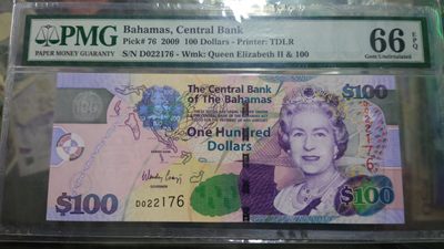 2009年巴哈马100元 PMG66E全程无4号码