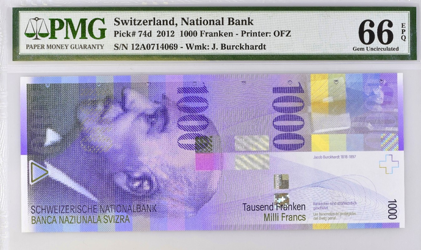 【Blue Auction】✨世界纸币精拍第280期——喜迎新春特别场【精】  瑞士 2012年1000法郎 最高值 人像版 PMG66EPQ 正面人物雅各布·布克哈特，19世纪最伟大的文化史家和艺术史家之一。一生著述甚丰，《意大利文艺复兴时期的文化》、《君士坦丁大帝时代》、《希腊文化史》是其代表性的著作。