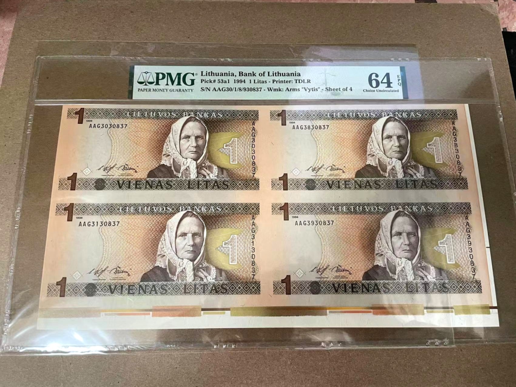 【Blue Auction】✨世界纸币精拍第280期——喜迎新春特别场【精】 【四连体】立陶宛 1994年1立特 PMG64EPQ 