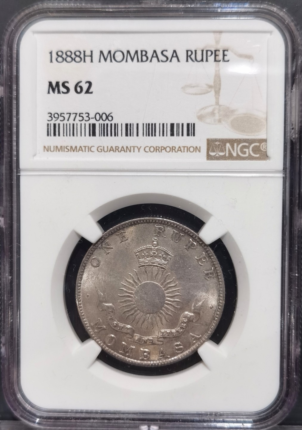 博洋堂“大航海之辉”世界钱币精品专场暨第012期（全场包邮） NGC MS62 1888年蒙巴萨卢比 蒙巴萨是肯尼亚最大的港口，郑和下西洋去到的最远地方，近期热门品种