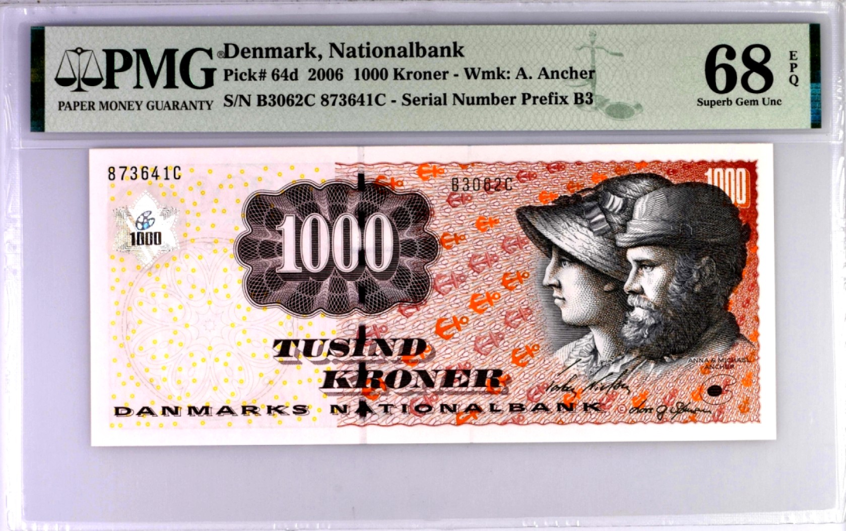 【Blue Auction】✨世界纸币精拍第280期——喜迎新春特别场【精】 丹麦 浮雕版 p64d 2006年1000克朗 PMG68EPQ 超高分少见 正面画家迈克尔·安彻和安娜 背面Tournament scene stone relief (Bislev church)