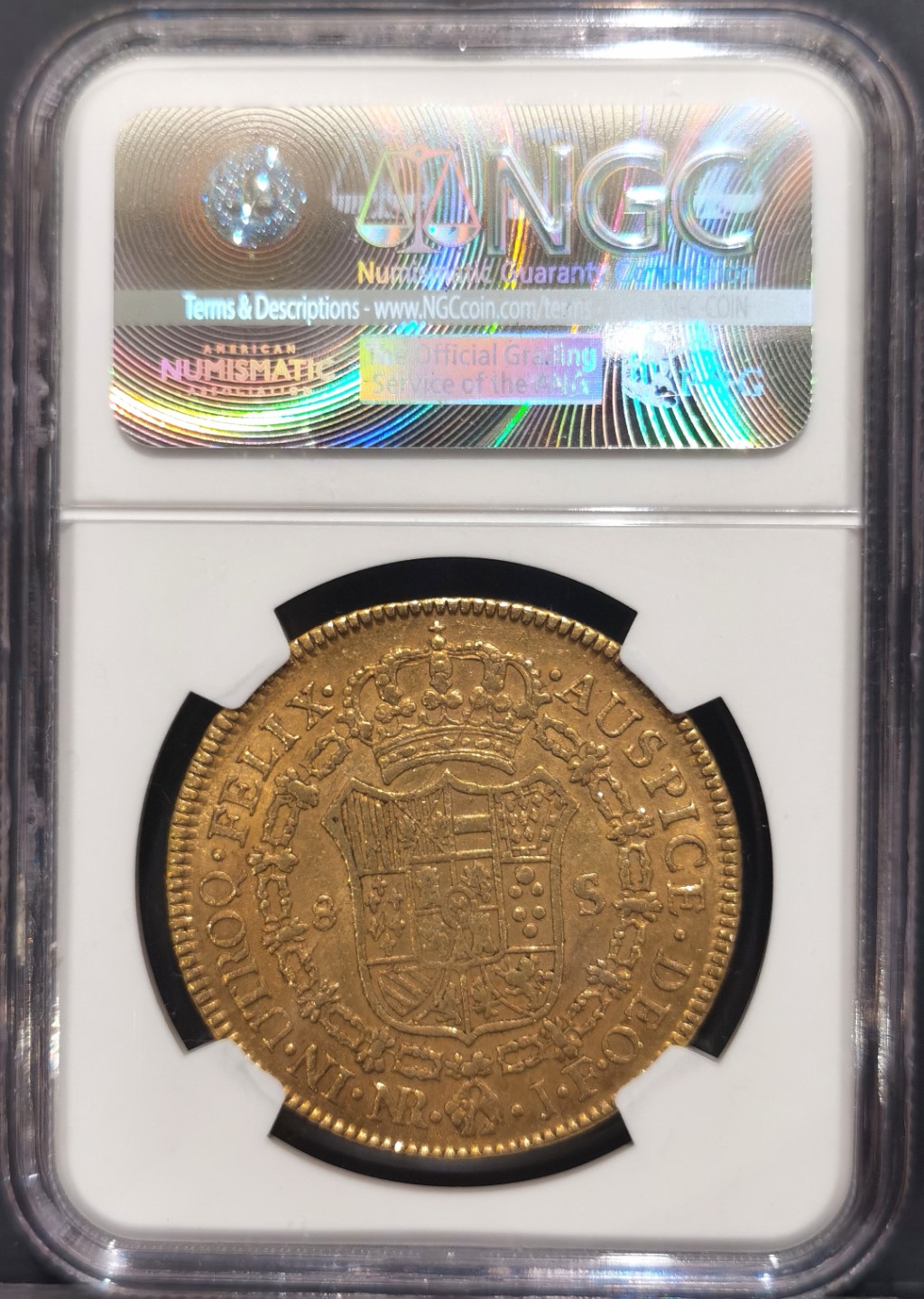 博洋堂“大航海之辉”世界钱币精品专场暨第012期（全场包邮） NGC AU55 1819年西属哥伦比亚8埃斯库多金币 费七铭文配卡四头像，西班牙殖民地最后的荣光，这枚打的很正，没有铸缺，状态不错