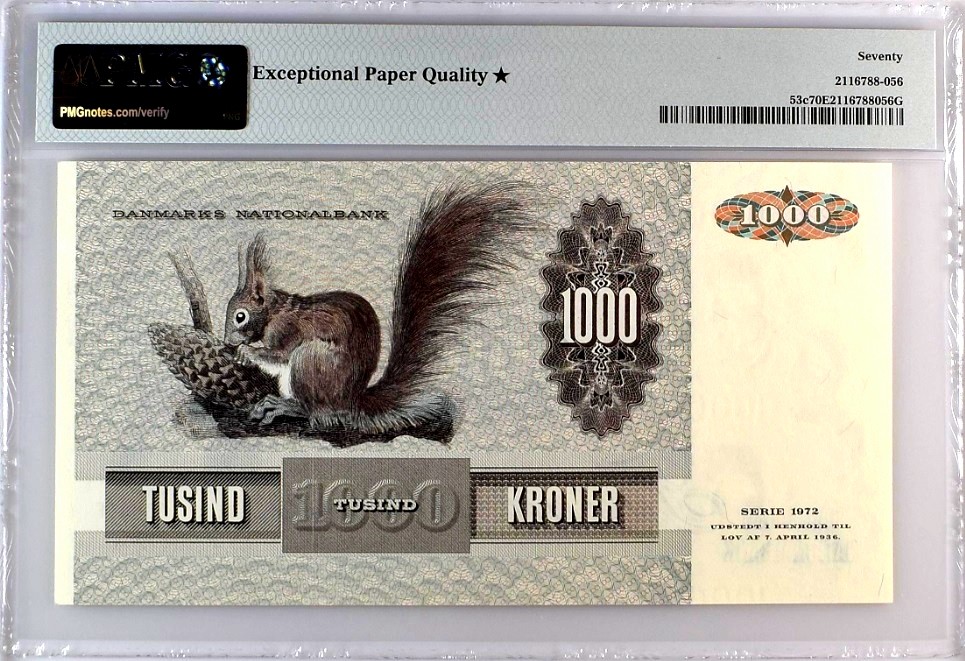 【Blue Auction】✨世界纸币精拍第280期——喜迎新春特别场【精】 【满分 唯一冠军分 珍品】丹麦 1980年1000克朗 PMG70EPQ星星 经典大松鼠 丹麦画家延斯·尤尔的著名画作托玛欣·海贝尔夫人 