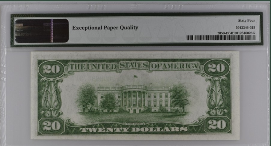 收藏联盟Quantum Auction 第226期拍卖 美国1928年联邦储备券20元 PMG64e 号码无4