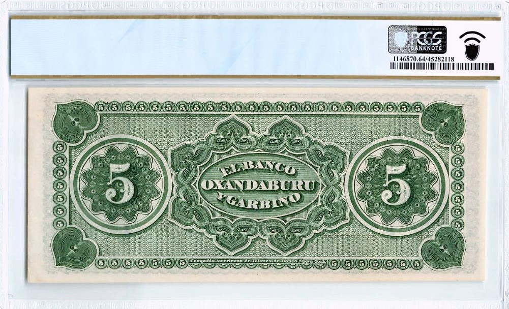 【Blue Auction】✨世界纸币精拍第280期——喜迎新春特别场【精】 阿根廷 早期 1869年5比索 PCGS64 双面雕刻大票幅精美 狗钞 