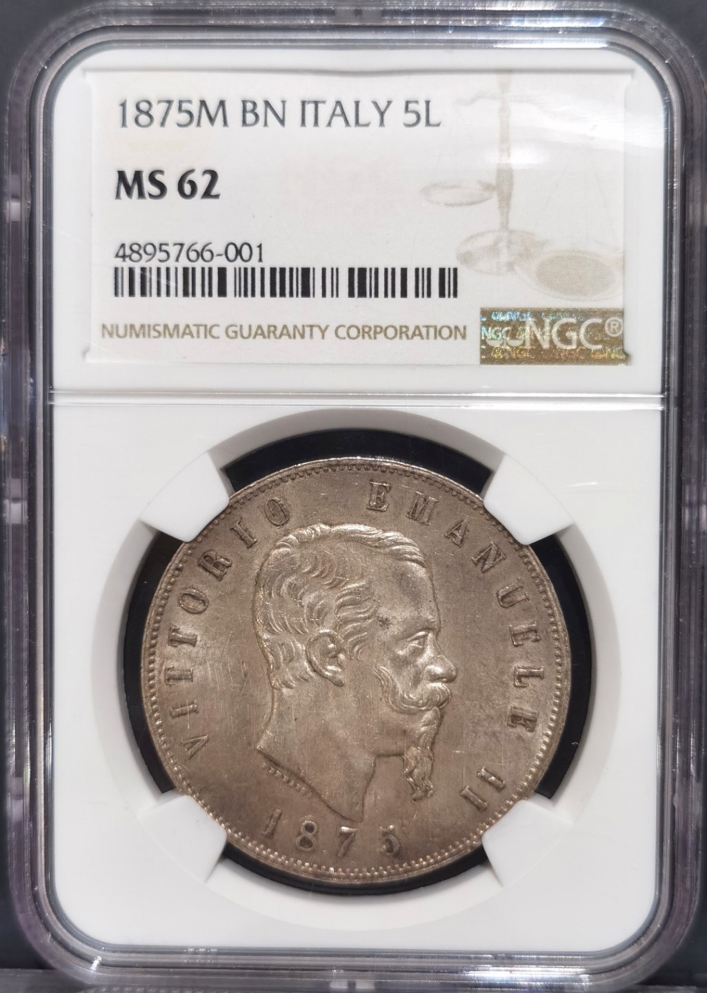 博洋堂“大航海之辉”世界钱币精品专场暨第012期（全场包邮） NGC MS62 1875年意大利米兰厂维托里奥艾曼努埃尔二世 5里拉大银 黄油光包浆 带光好品