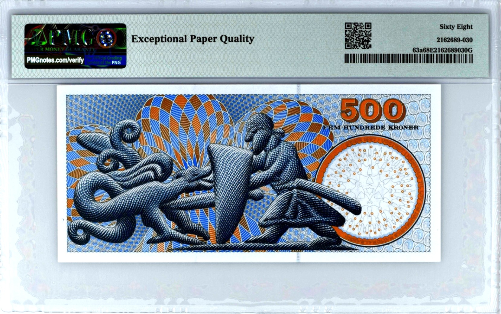【Blue Auction】✨世界纸币精拍第280期——喜迎新春特别场【精】 【冠军分 无47】丹麦 浮雕版 p63a 2003年500克朗 PMG68EPQ 超高分少见 正面1922 年诺贝尔物理学奖获得者 物理学家尼尔斯·玻尔(Niels Bohr) 背面Knight and dragon stone relief (Lihme church)