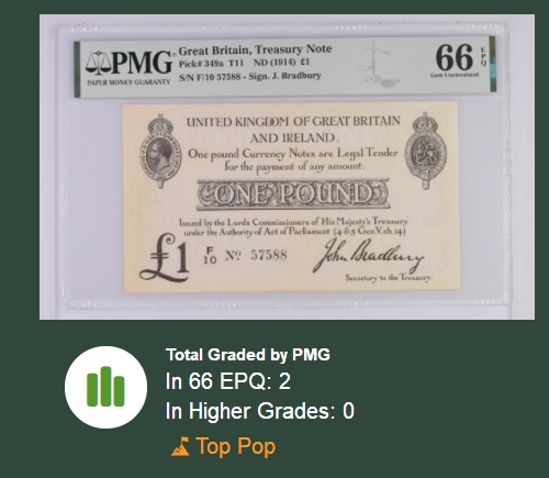 【Blue Auction】✨世界纸币精拍第280期——喜迎新春特别场【精】 【冠军分 仅2张】英国 1914年1镑 国库券 88尾 PMG66EPQ 高分非常少见 乔治五世肖像 