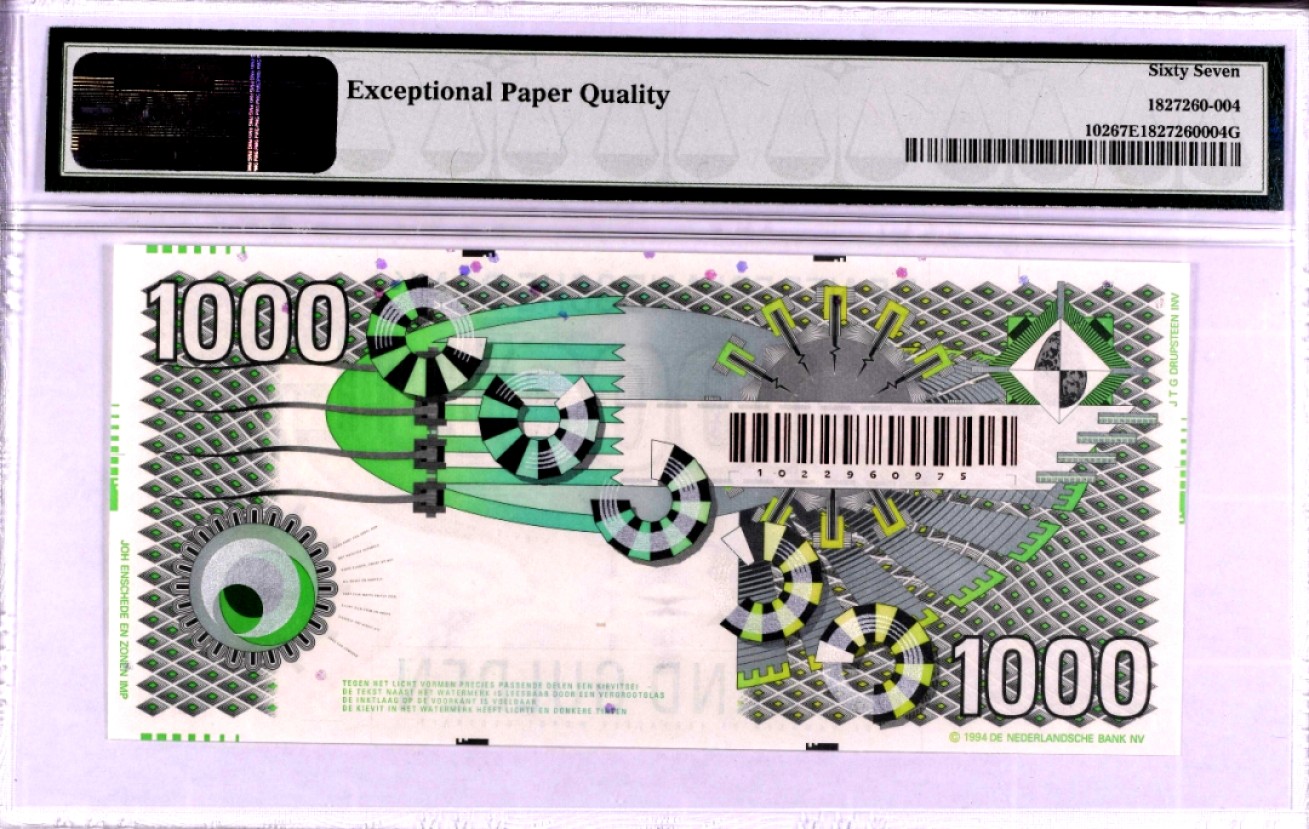【Blue Auction】✨世界纸币精拍第280期——喜迎新春特别场【精】 【亚军分】荷兰 1994年1000盾 大齿轮 凤头麦鸡水印 PMG67EPQ 高分 该张细节丰富 值得玩味