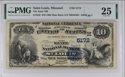 收藏联盟Quantum Auction 第226期拍卖 - 圣路易斯州密苏里1882年10元 PMG25