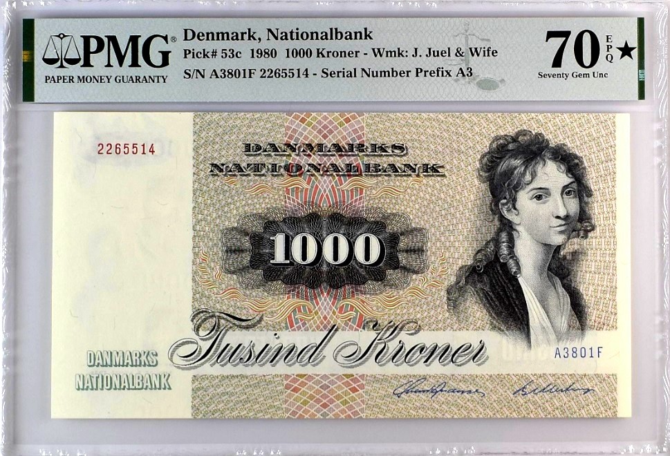 【Blue Auction】✨世界纸币精拍第280期——喜迎新春特别场【精】 【满分 唯一冠军分 珍品】丹麦 1980年1000克朗 PMG70EPQ星星 经典大松鼠 丹麦画家延斯·尤尔的著名画作托玛欣·海贝尔夫人 