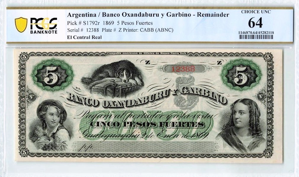 【Blue Auction】✨世界纸币精拍第280期——喜迎新春特别场【精】 阿根廷 早期 1869年5比索 PCGS64 双面雕刻大票幅精美 狗钞 