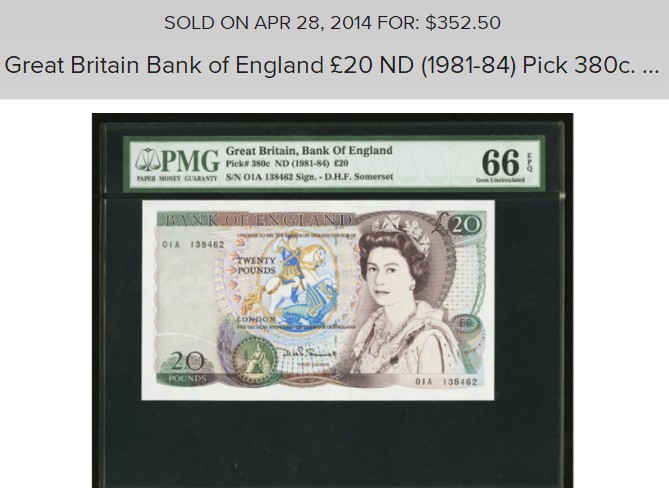 【Blue Auction】✨世界纸币精拍第280期——喜迎新春特别场【精】 【01A 少见冠号】英国 D序列 1981-84年20镑 PMG66EPQ 莎士比亚