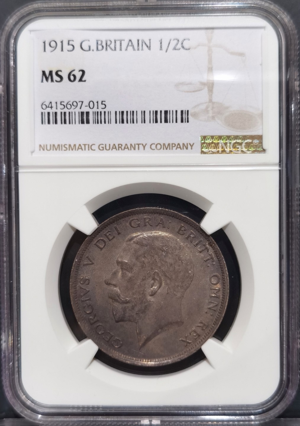 博洋堂“大航海之辉”世界钱币精品专场暨第012期（全场包邮） NGC MS62 1915年英国乔治五世1/2克朗 高银版 复古包浆
