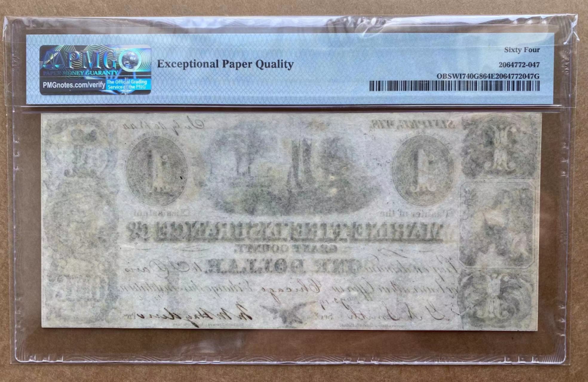 【Blue Auction】✨世界纸币精拍第280期——喜迎新春特别场【精】 【仅2张更高分 带签名实钞】美国 1844年 芝加哥 1美金 PMG64EPQ 大票幅雕刻精美 原票 非常漂亮 