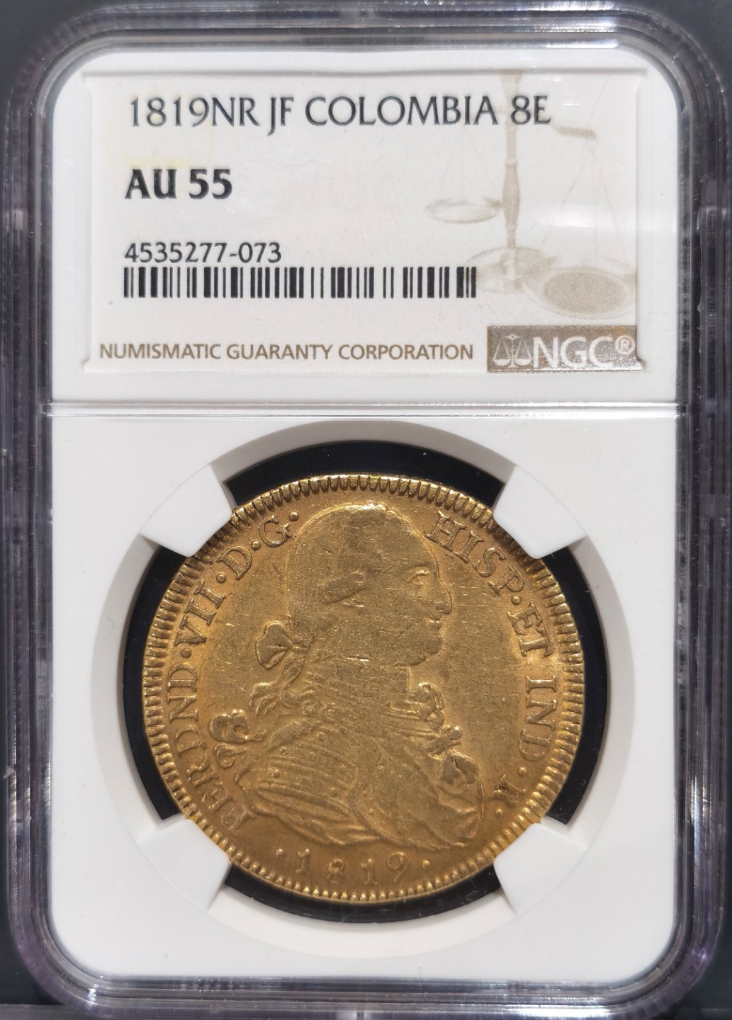 博洋堂“大航海之辉”世界钱币精品专场暨第012期（全场包邮） NGC AU55 1819年西属哥伦比亚8埃斯库多金币 费七铭文配卡四头像，西班牙殖民地最后的荣光，这枚打的很正，没有铸缺，状态不错