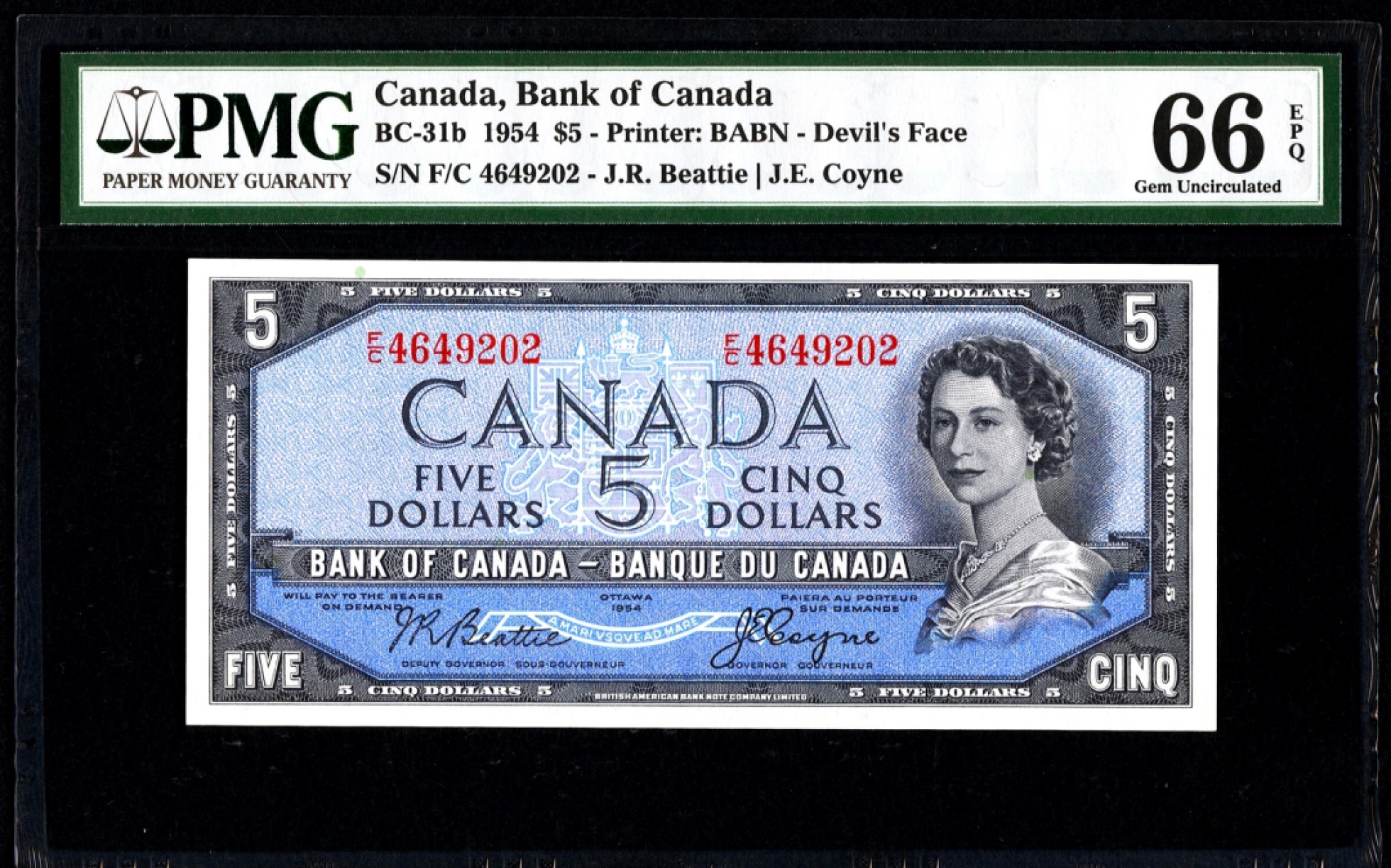 【Blue Auction】✨世界纸币精拍第280期——喜迎新春特别场【精】 【魔鬼脸】加拿大 1954年5元 PMG66EPQ 高分 女王 水獭瀑布雕刻精美 