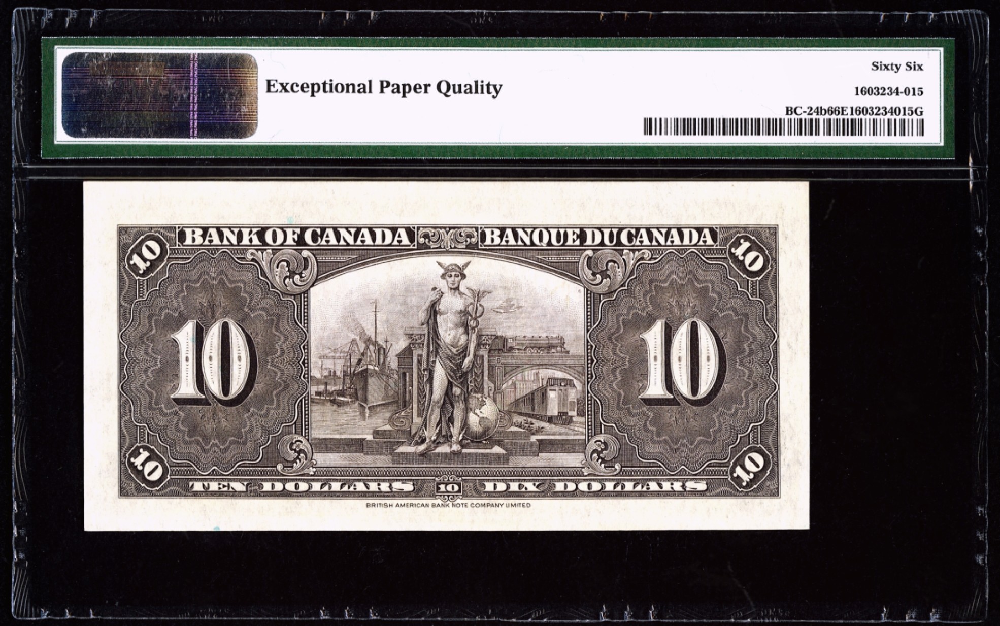 【Blue Auction】✨世界纸币精拍第280期——喜迎新春特别场【精】 加拿大 1937年10元 PMG66EPQ 高分 英王乔治 背面墨丘利和各种交通工具雕刻精美