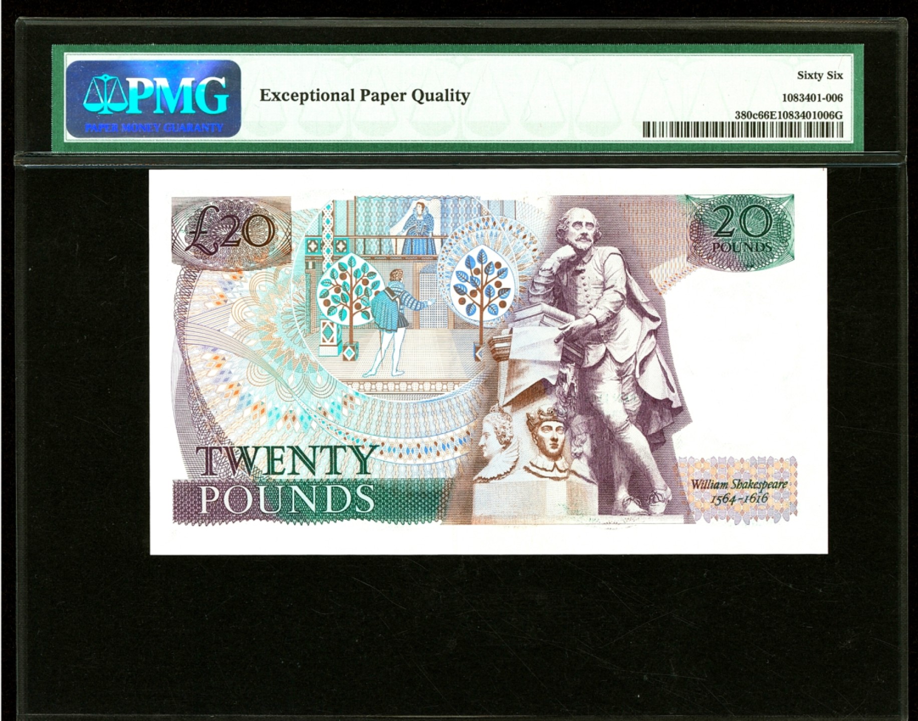 【Blue Auction】✨世界纸币精拍第280期——喜迎新春特别场【精】 【01A 少见冠号】英国 D序列 1981-84年20镑 PMG66EPQ 莎士比亚