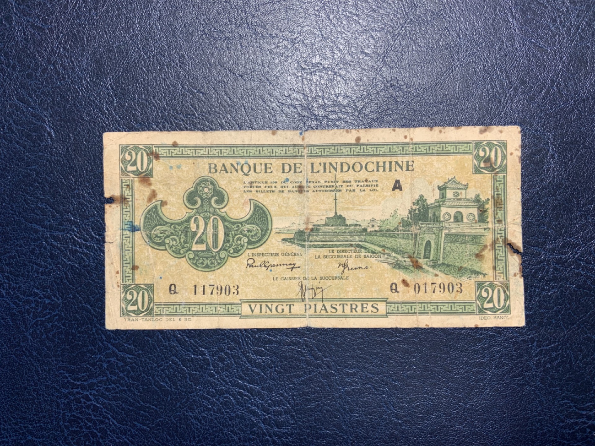 收藏联盟Quantum Auction 第226期拍卖 法属印度支那1942-45年20元 品相如图 稀少绿色版