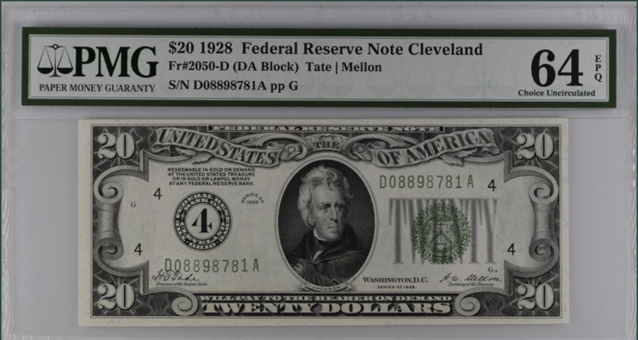 收藏联盟Quantum Auction 第226期拍卖 美国1928年联邦储备券20元 PMG64e 号码无4