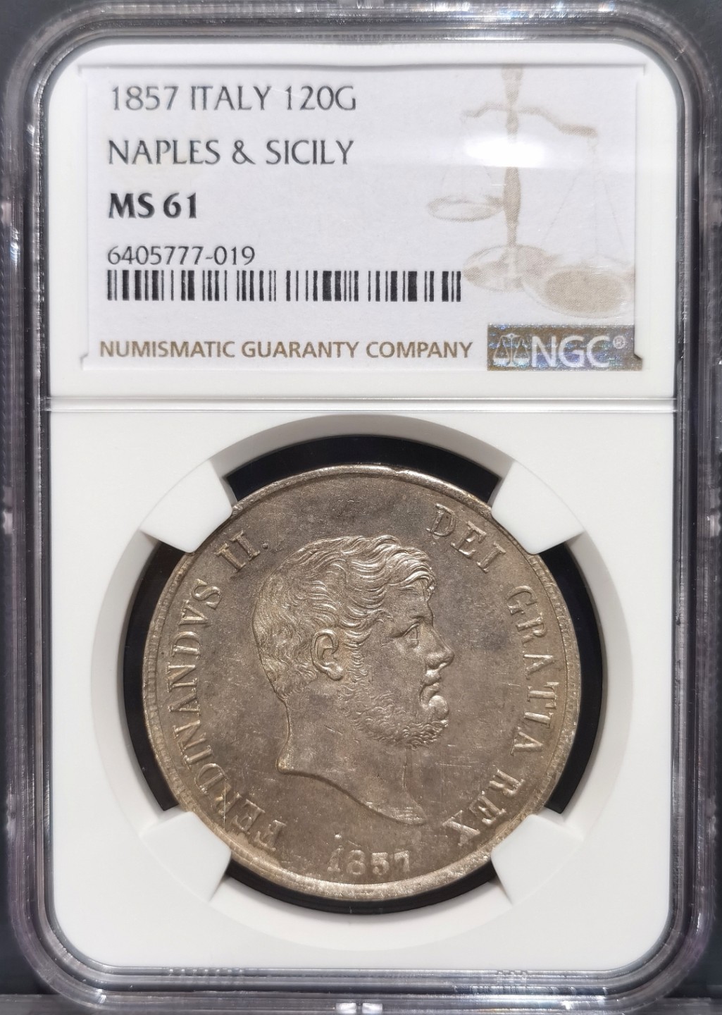 博洋堂“大航海之辉”世界钱币精品专场暨第012期（全场包邮） NGC MS61 1857年意大利那不勒斯西西里120G大银