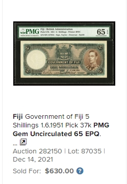 【Blue Auction】✨世界纸币精拍第280期——喜迎新春特别场【精】 【亚军分】斐济 1951年5先令 BWC出品 英王乔治 PMG66EPQ 高分少见