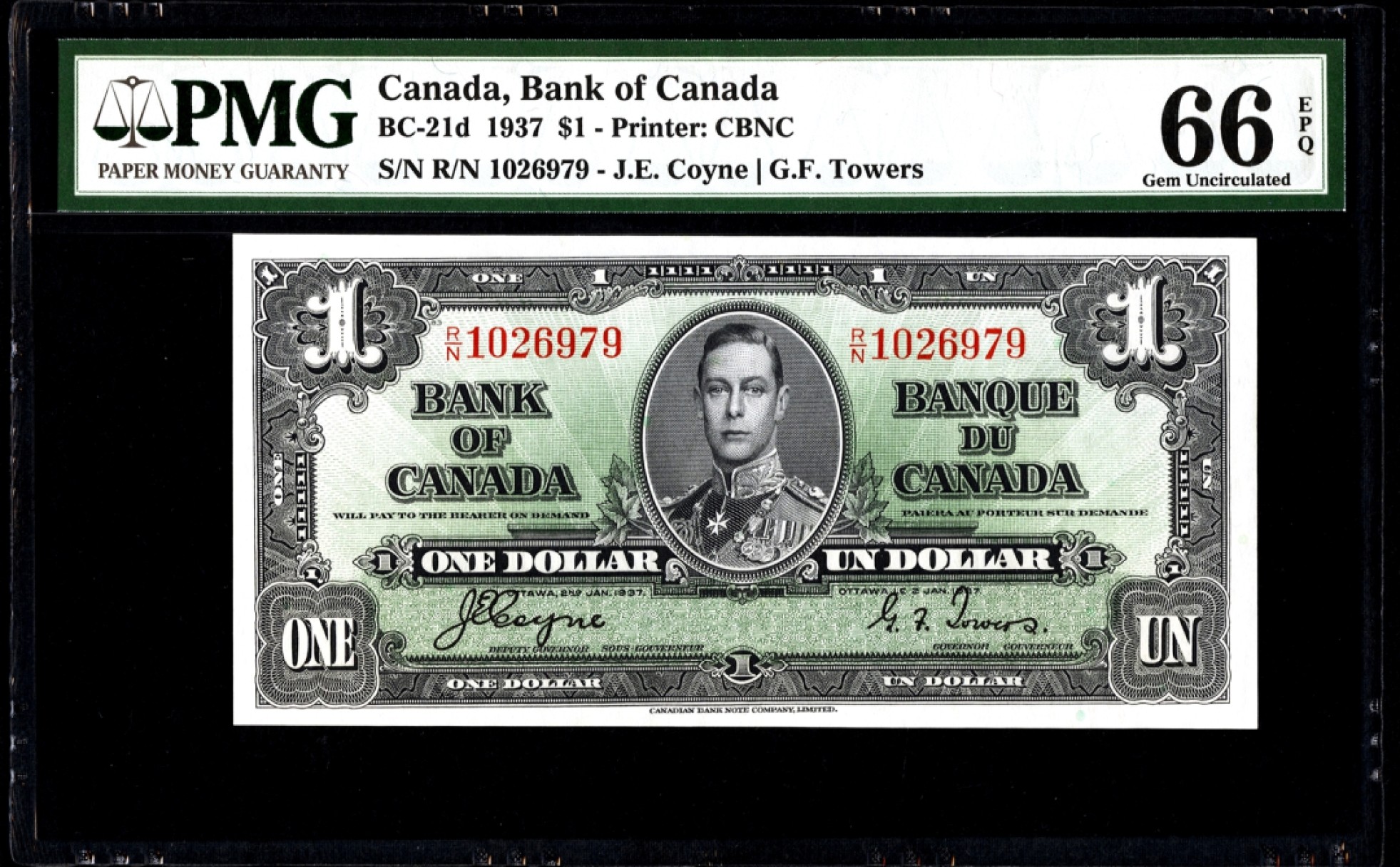 【Blue Auction】✨世界纸币精拍第280期——喜迎新春特别场【精】 加拿大 1937年1元 PMG66EPQ 高分 英王乔治 背面丰收女神雕刻精美