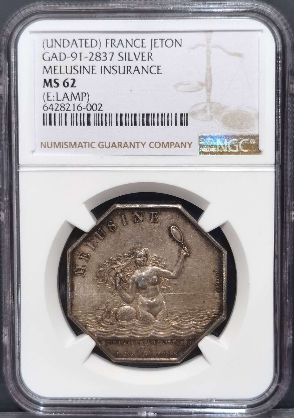 博洋堂“大航海之辉”世界钱币精品专场暨第012期（全场包邮） NGC MS62 法国名誉品1832-1841年海妖八角代币，目录封面币