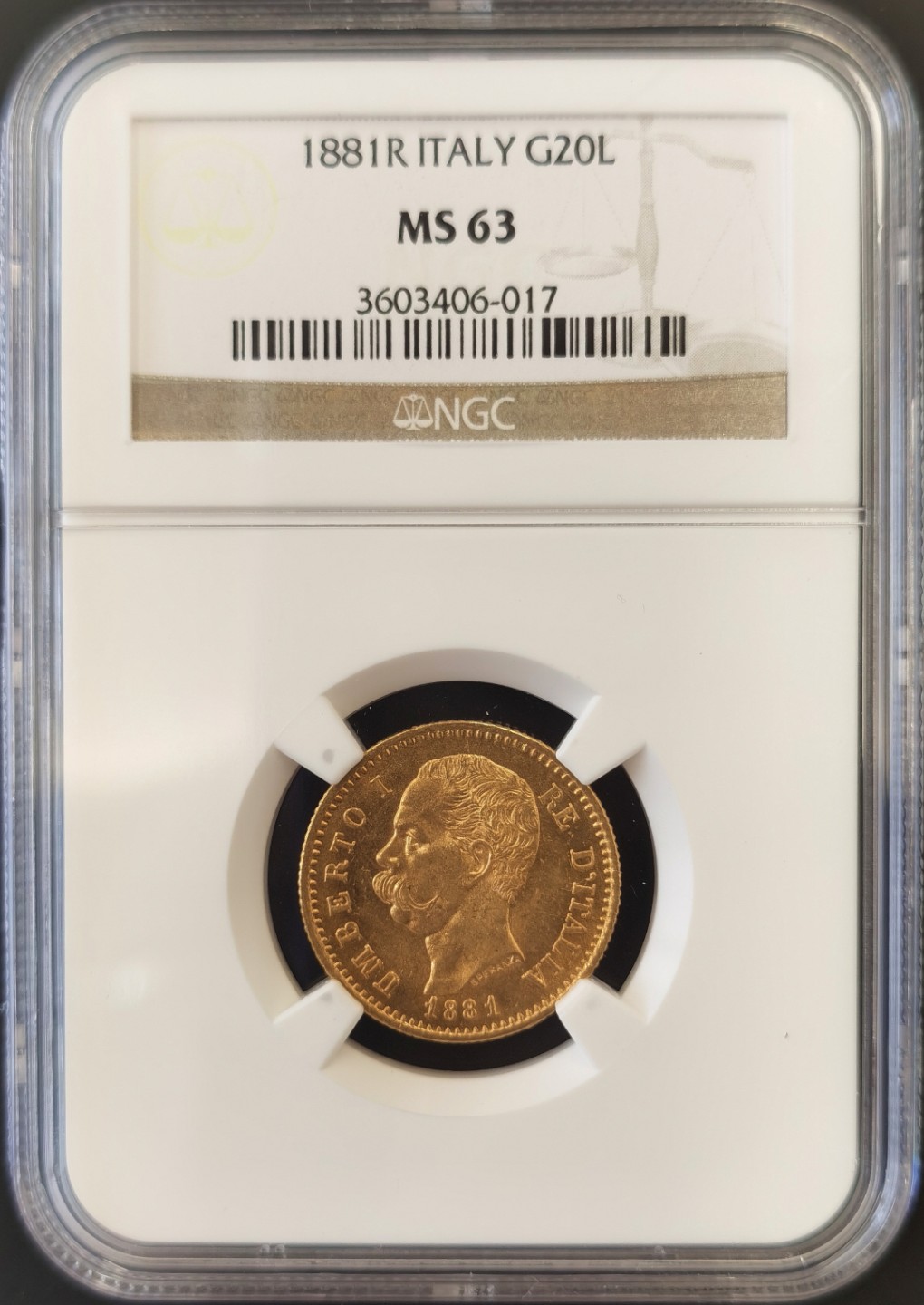 博洋堂“大航海之辉”世界钱币精品专场暨第012期（全场包邮） NGC MS63 意大利1881年翁贝托一世20里拉 6.45克金币
