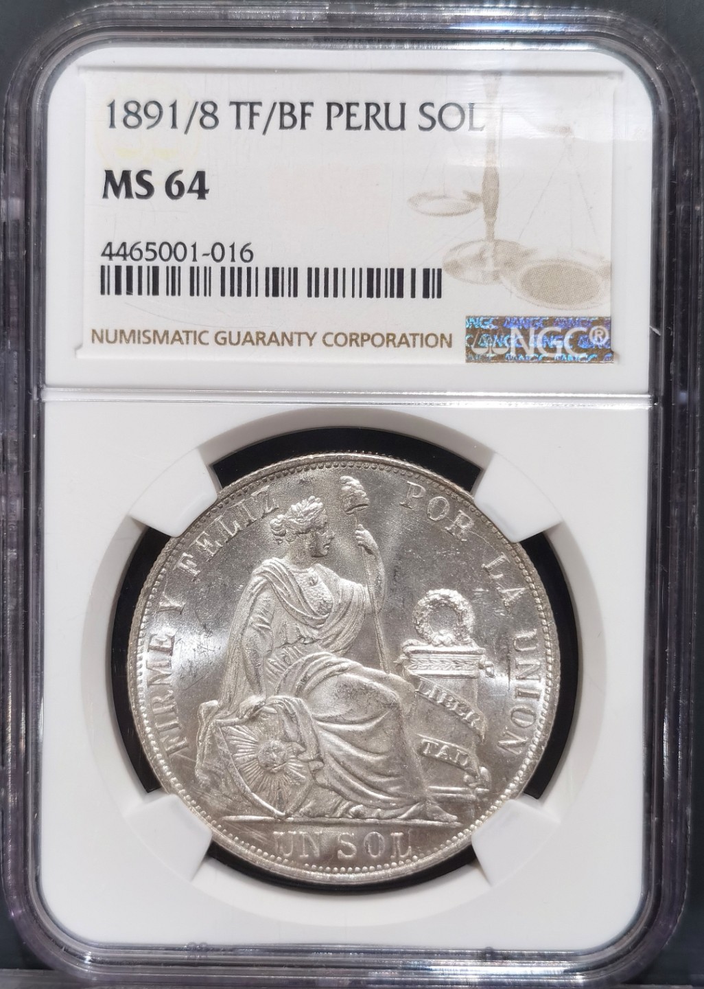 博洋堂“大航海之辉”世界钱币精品专场暨第012期（全场包邮） NGC MS64秘鲁1891/8年骑字1索尔银币，银光璀璨