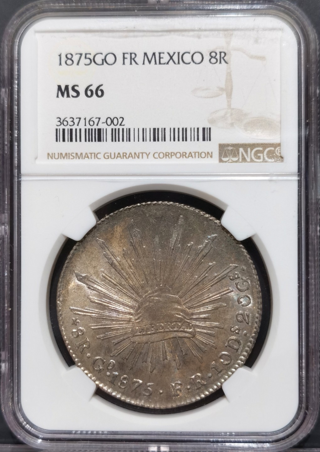 博洋堂“大航海之辉”世界钱币精品专场暨第012期（全场包邮） NGC MS66 墨西哥1875年GO FR版花边鹰洋，NGC最高分，状态极佳