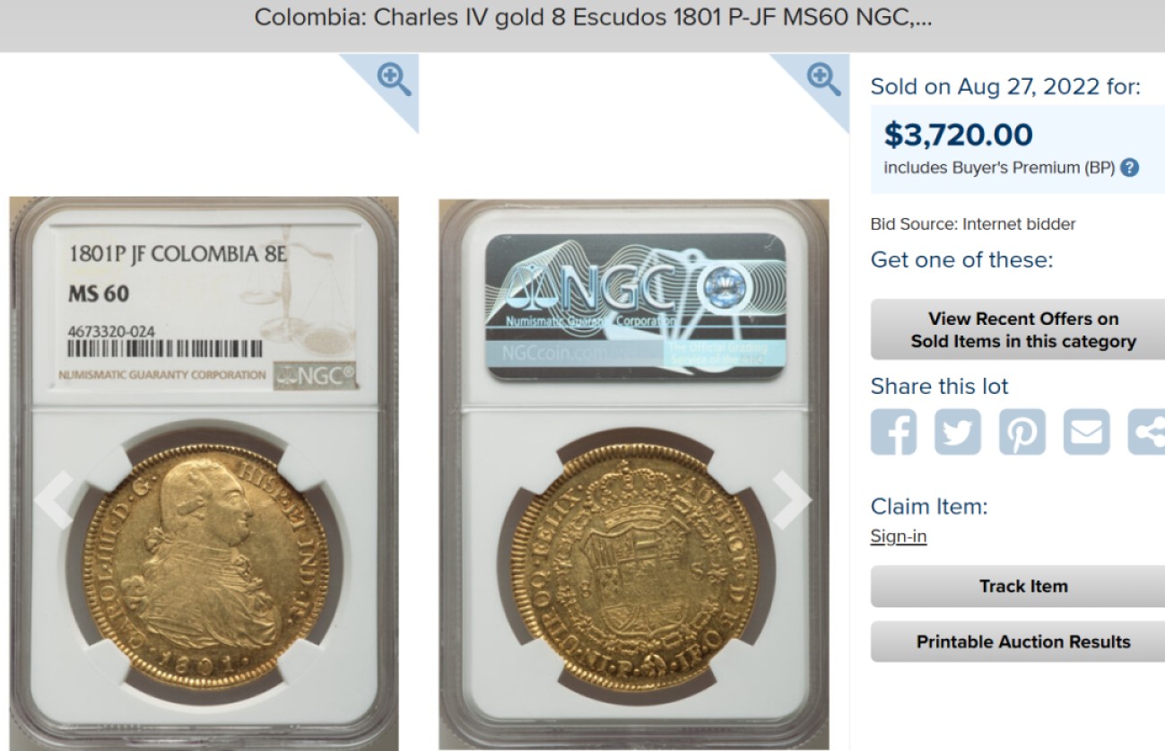 博洋堂“大航海之辉”世界钱币精品专场暨第012期（全场包邮） NGC AU58 西属哥伦比亚1801年卡洛斯四世8Escudos大金币，MS60最近成交近3800美金