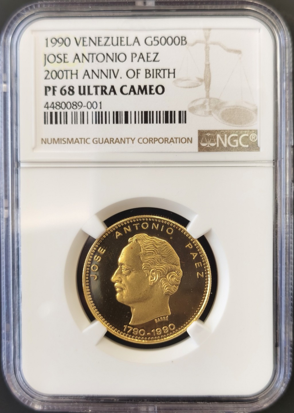博洋堂“大航海之辉”世界钱币精品专场暨第012期（全场包邮） NGC PF68UC 委内瑞拉1990年何塞诞辰200周年 5000玻利瓦尔 1/2盎司精制金币 少见 南美普遍看涨