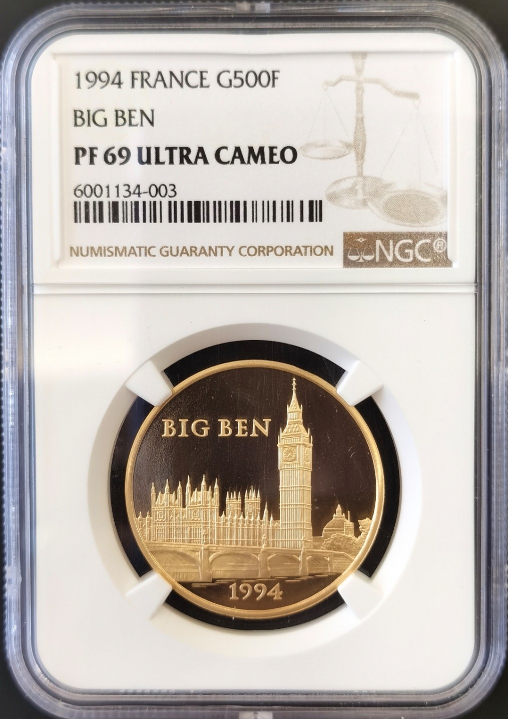 博洋堂“大航海之辉”世界钱币精品专场暨第012期（全场包邮） NGC PF69UC 法国大本钟1994年500法郎 17克精制金币 唯二冠军分