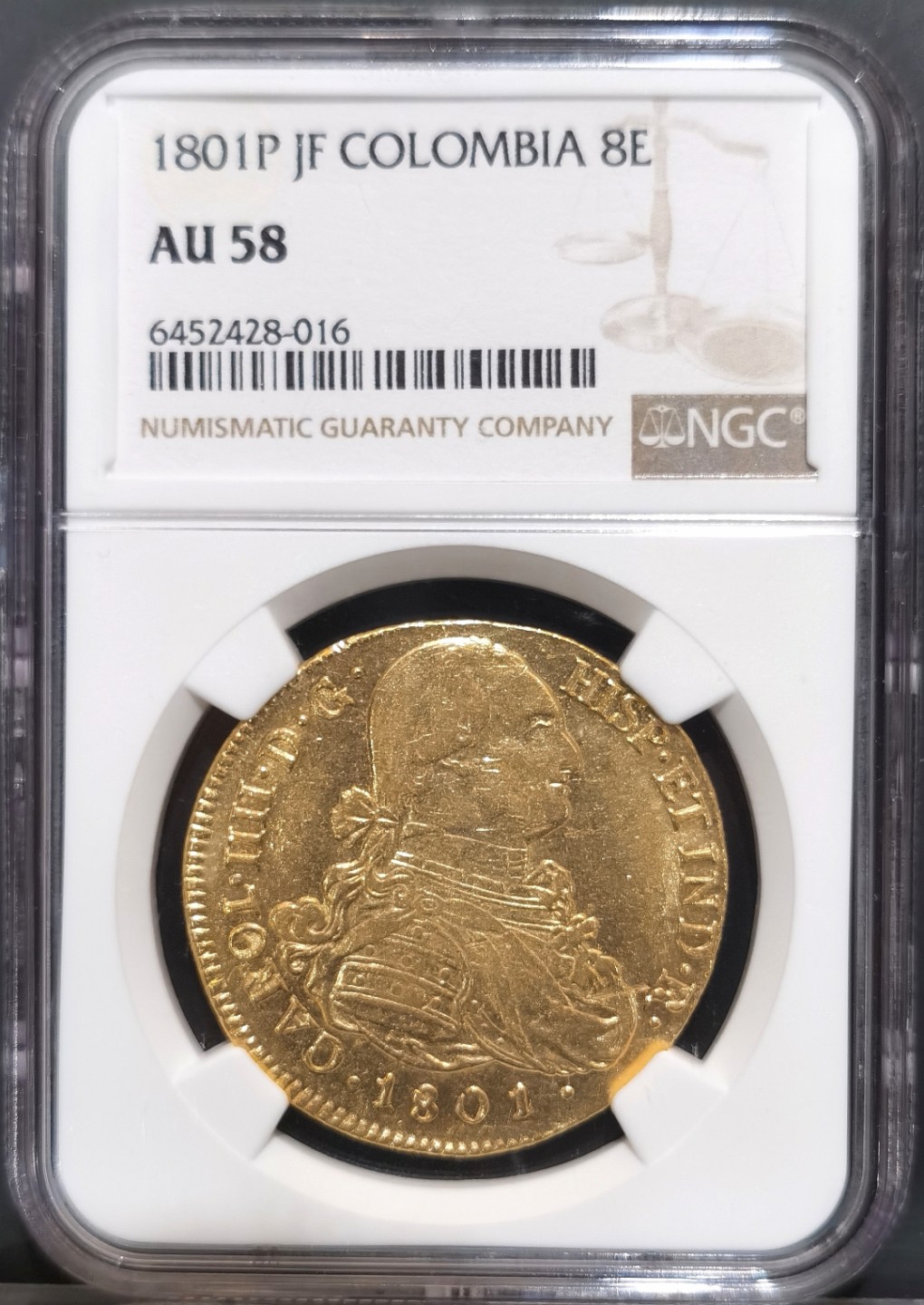 博洋堂“大航海之辉”世界钱币精品专场暨第012期（全场包邮） NGC AU58 西属哥伦比亚1801年卡洛斯四世8Escudos大金币，MS60最近成交近3800美金