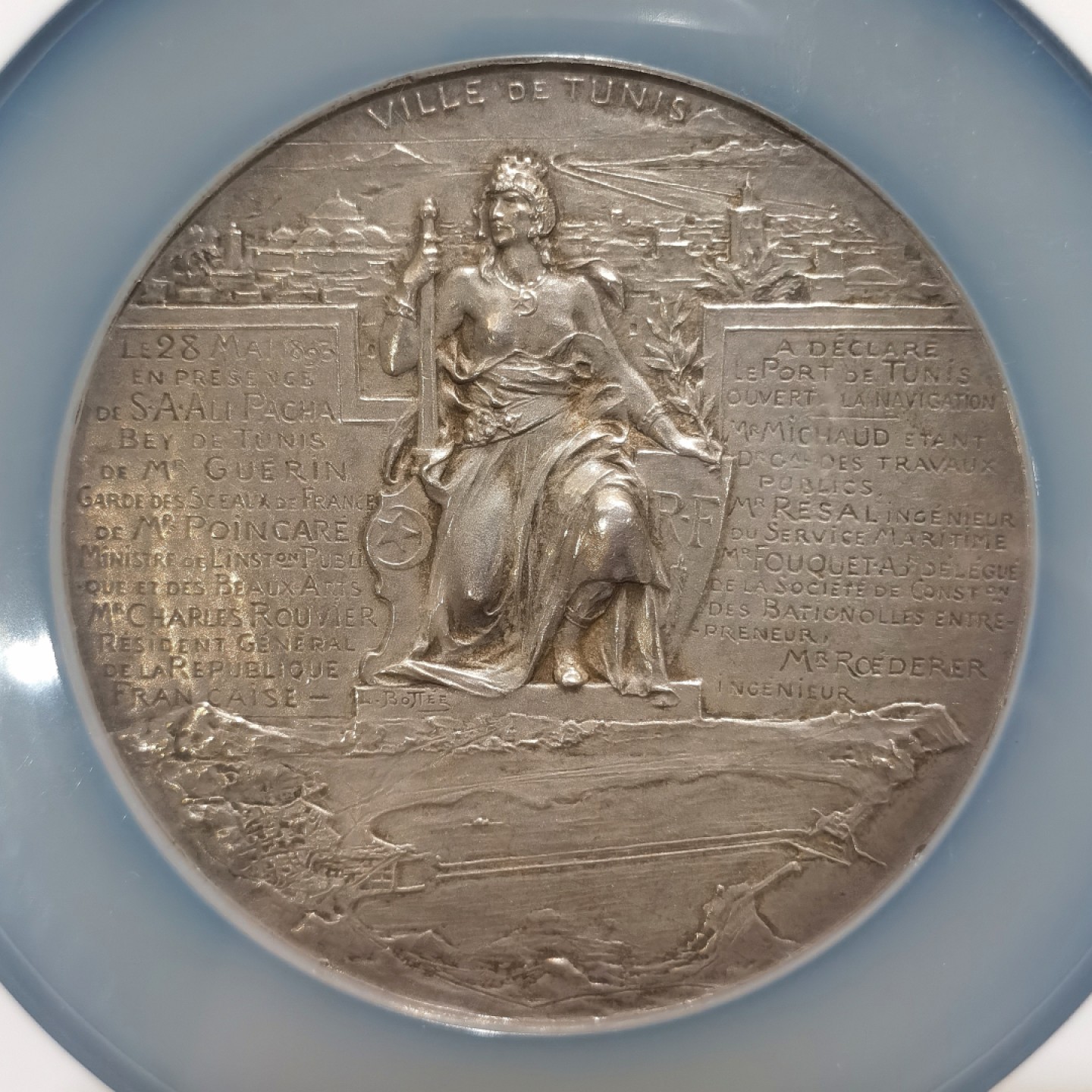 博洋堂“大航海之辉”世界钱币精品专场暨第012期（全场包邮） NGC MS62 法国1893年突尼斯港开航纪念银章 68mm Bottee作品