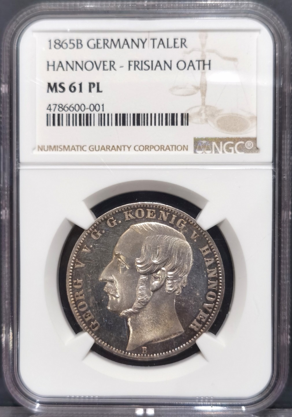 博洋堂“大航海之辉”世界钱币精品专场暨第012期（全场包邮） NGC MS61PL 德国汉诺威1865年名誉品橡树泰勒，镜面状态佳