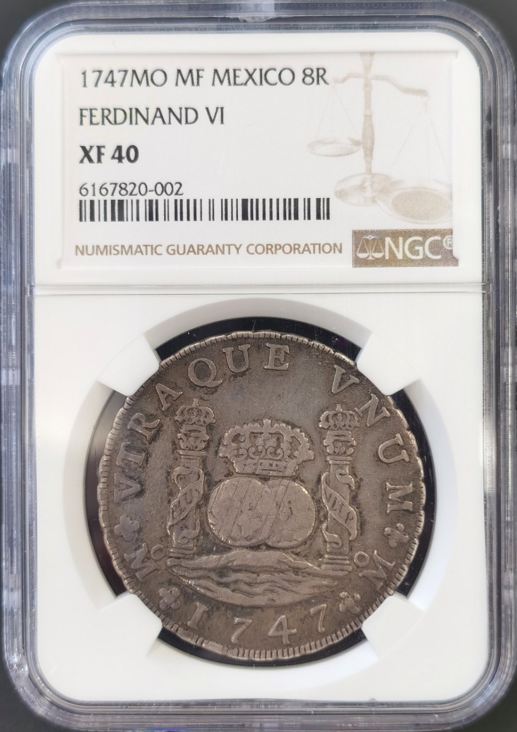 博洋堂“大航海之辉”世界钱币精品专场暨第012期（全场包邮） NGC XF40 西属墨西哥1747年斐迪南六世8里亚尔地球双柱大银币 经典款