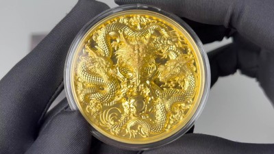 【钱币星球】乍得2022三龙戏珠3盎司银镀金币