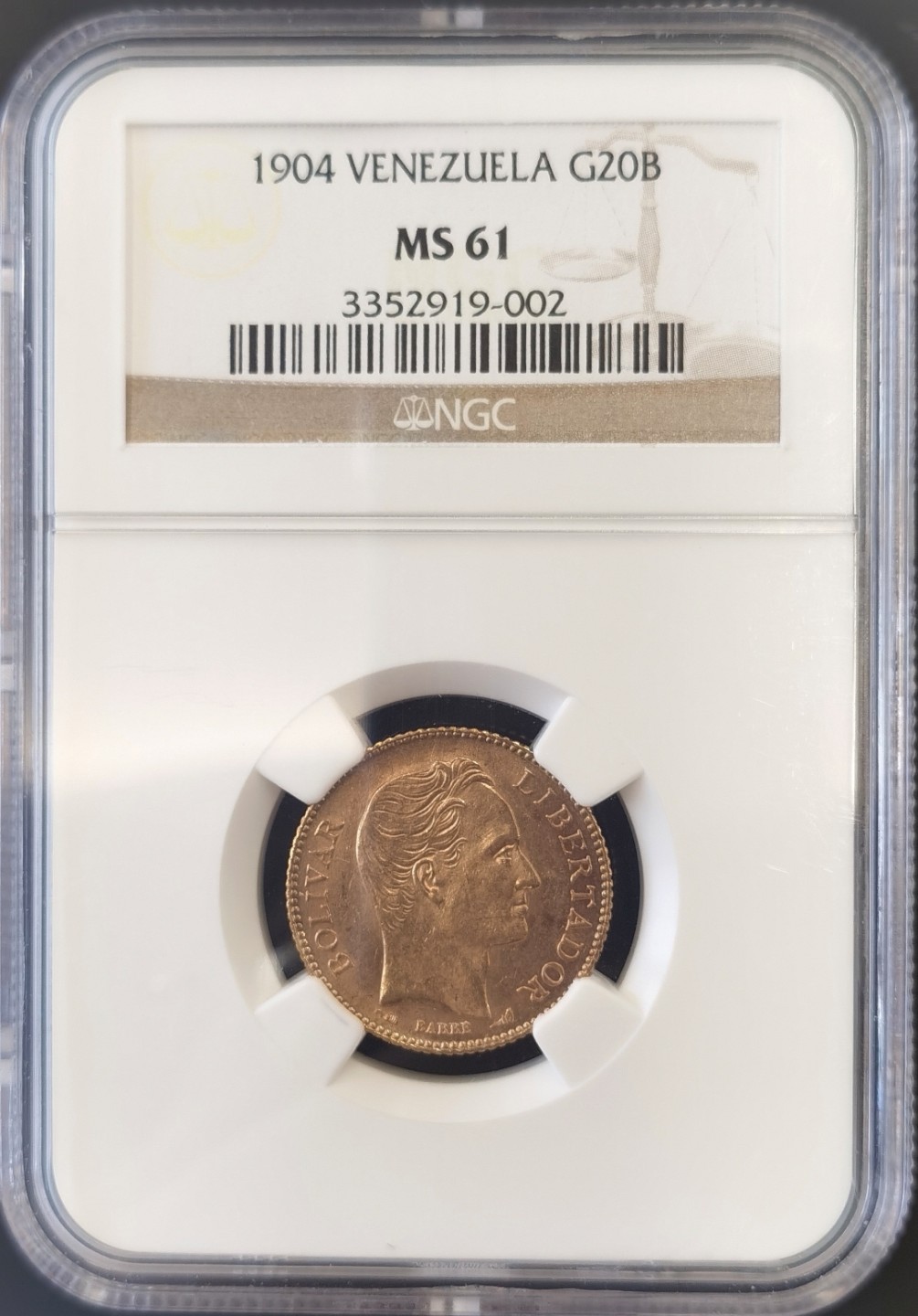 博洋堂“大航海之辉”世界钱币精品专场暨第012期（全场包邮） NGC MS61 委内瑞拉1904年20玻利瓦尔 6.45克金币