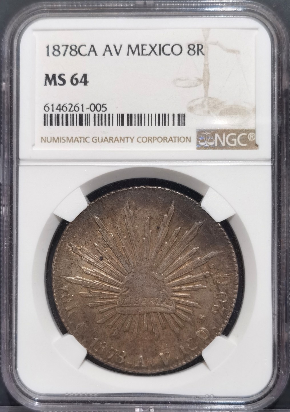 博洋堂“大航海之辉”世界钱币精品专场暨第012期（全场包邮） NGC MS64 墨西哥1878年CA AV版花边鹰洋，黄油浓彩，NGC冠军分