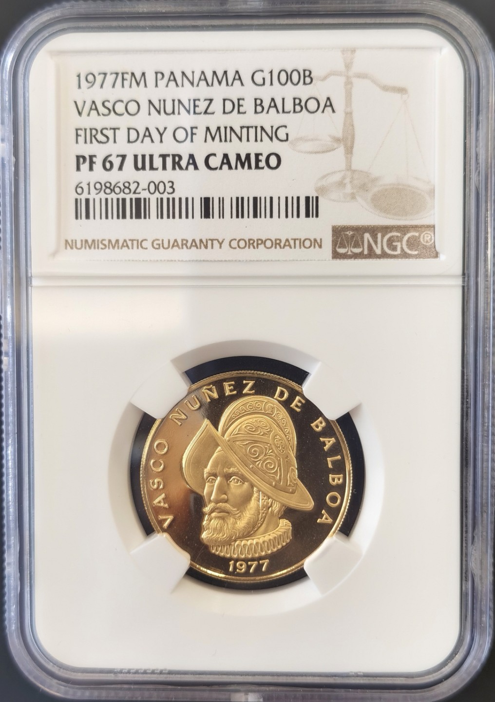 博洋堂“大航海之辉”世界钱币精品专场暨第012期（全场包邮） NGC PF67UC 巴拿马1977年100巴波亚 8.16克精制金币 首日标 N盒登记的只有8枚