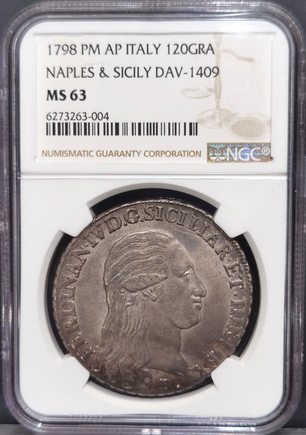 博洋堂“大航海之辉”世界钱币精品专场暨第012期（全场包邮） NGC MS63 意大利1798年那不勒斯西西里120Grana大银，NGC亚军分