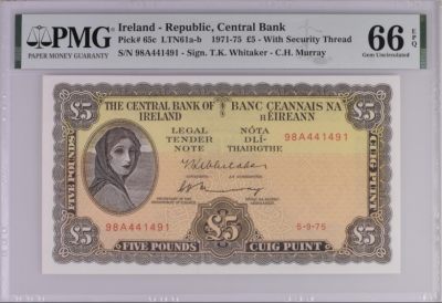 《张总收藏》87期——稀缺品种外币&世界最佳纸币 - 爱尔兰1975年5镑稀少A冠PMG66E 大票幅漂亮