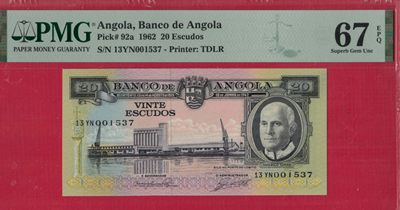 安哥拉20埃斯库多 1962年 P-92a 千位号 冠军分 非洲纸币 实物图 UNC - 安哥拉20埃斯库多 1962年 P-92a 千位号 冠军分 非洲纸币 实物图 UNC